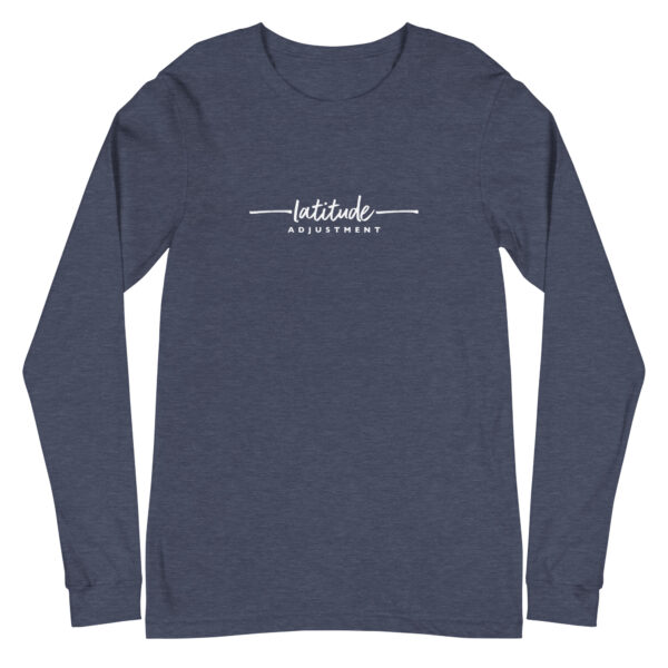 Latitude Adjustment Unisex Long Sleeve Tee in heather navy from Wander with Direction