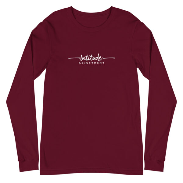 Latitude Adjustment Unisex Long Sleeve Tee in maroon from Wander with Direction