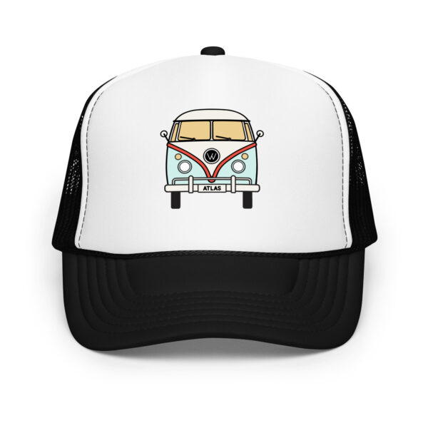 Front View of Two Tone Atlas VW Bus Trucker Hat in Black with White Front Panel