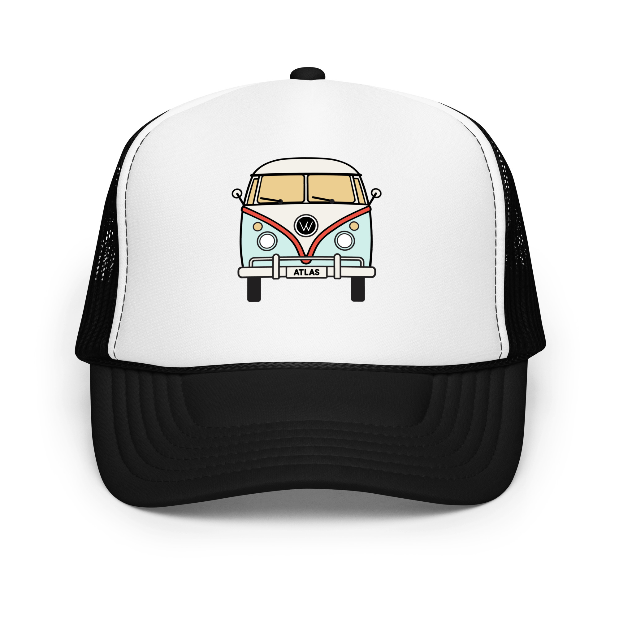Front View of Two Tone Atlas VW Bus Trucker Hat in Black with White Front Panel