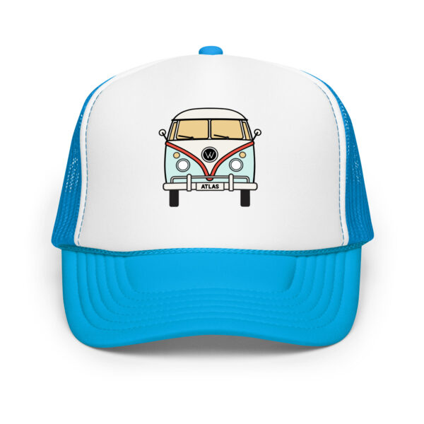 Front View of Two Tone Atlas VW Bus Trucker Hat in Bright Blue with White Front Panel