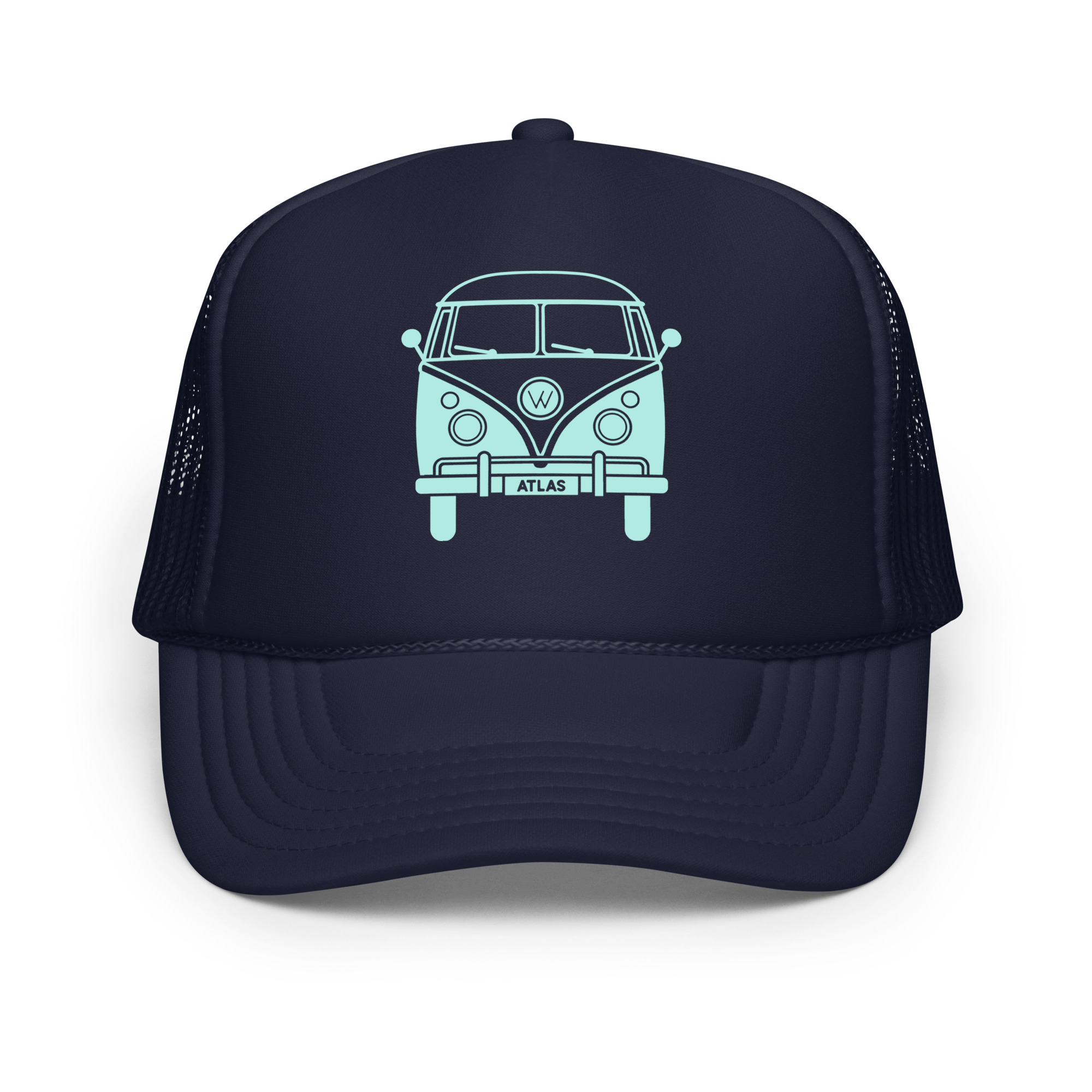 Solid Atlas VW Bus Trucker Hat in Blue Front View
